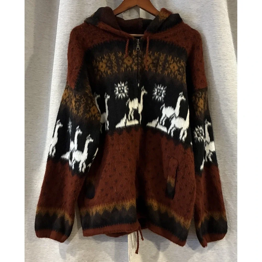 Vintage Alpaca Hoodie Jacket Made In Ecuador Men's Large